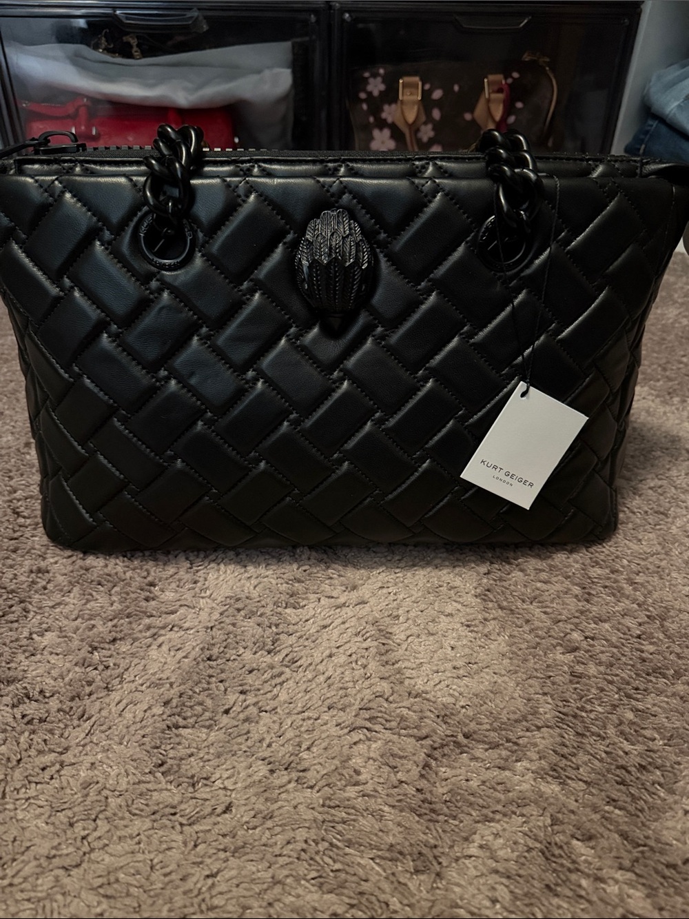 Kurt Geiger Black Quilted Tote with Chain Handles and Signature Clasp